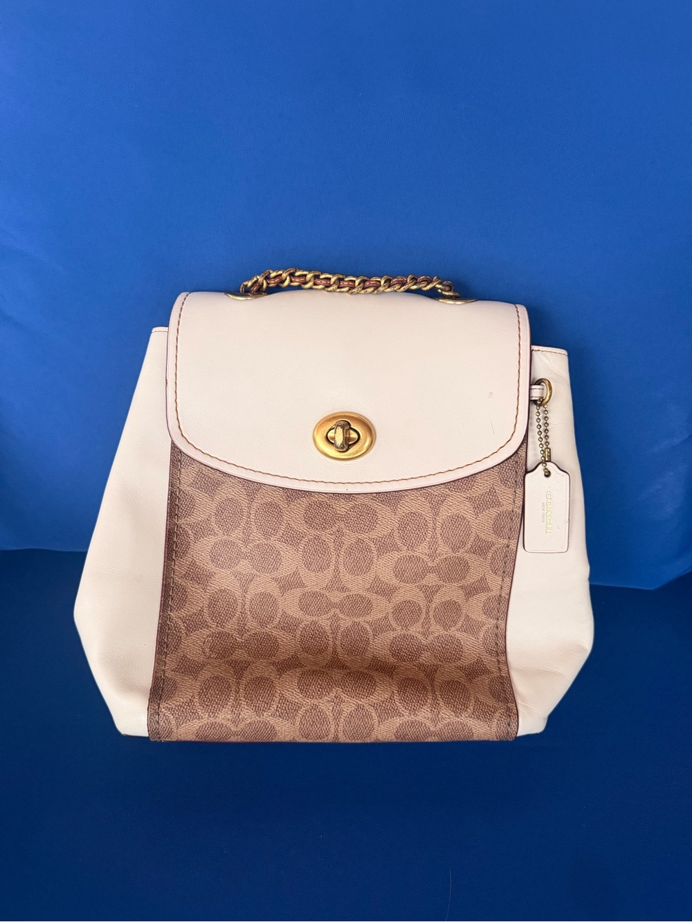 Coach Cream Leather and Brown Signature Canvas Backpack with Gold Hardware